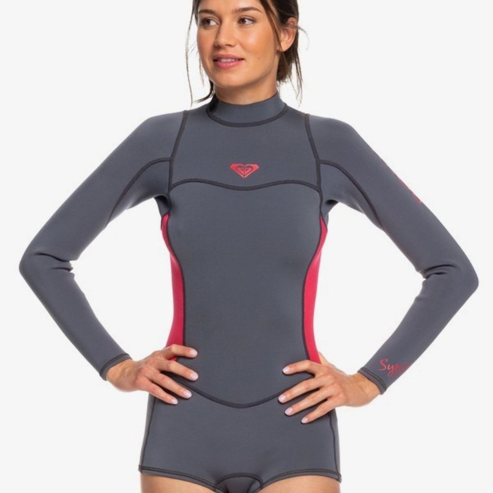 Roxy 2/2mm Syncro Long Sleeve Back Zip Springsuit Wetsuit in Deep Grey/Scarlet